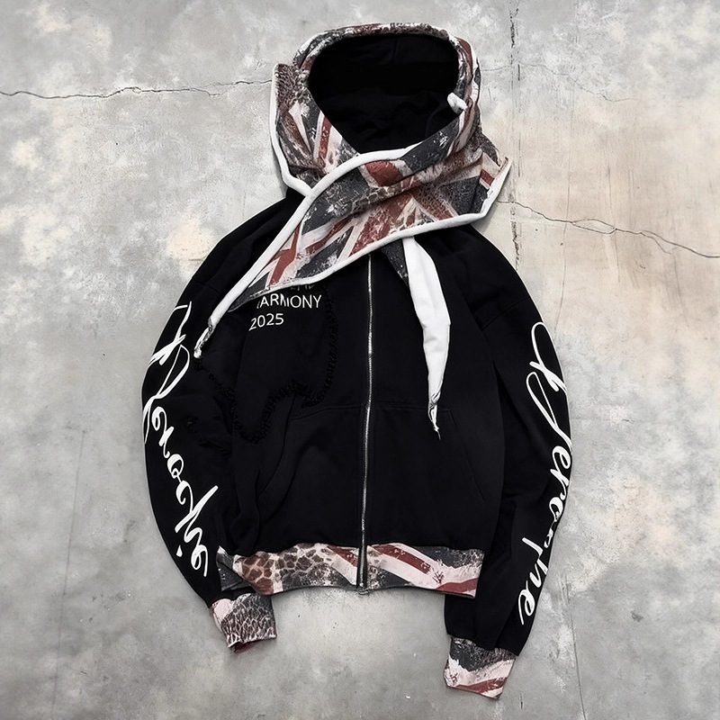 Autumn and Winter High Street Casual Hooded Zipper Cardigan Ins Retro Dark Style Y2K Scarf Decorative Sweatshirt 2025 Cross-Border