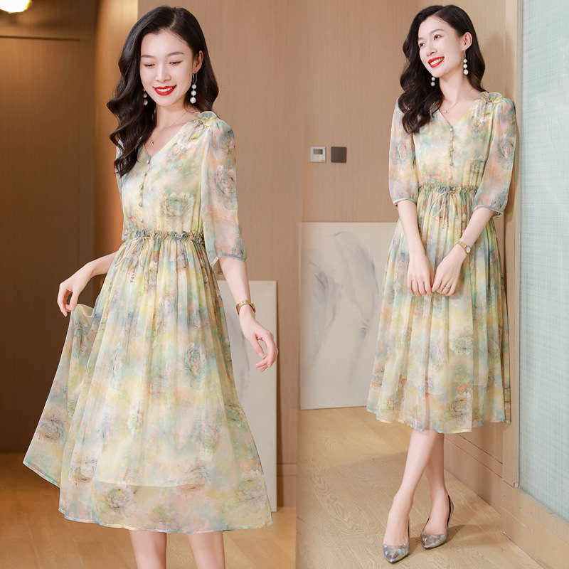 Heavy Weight Silk Printed Silk Dress 2025 Summer New Adjustable Waist Seaside Vacation Silk Dress