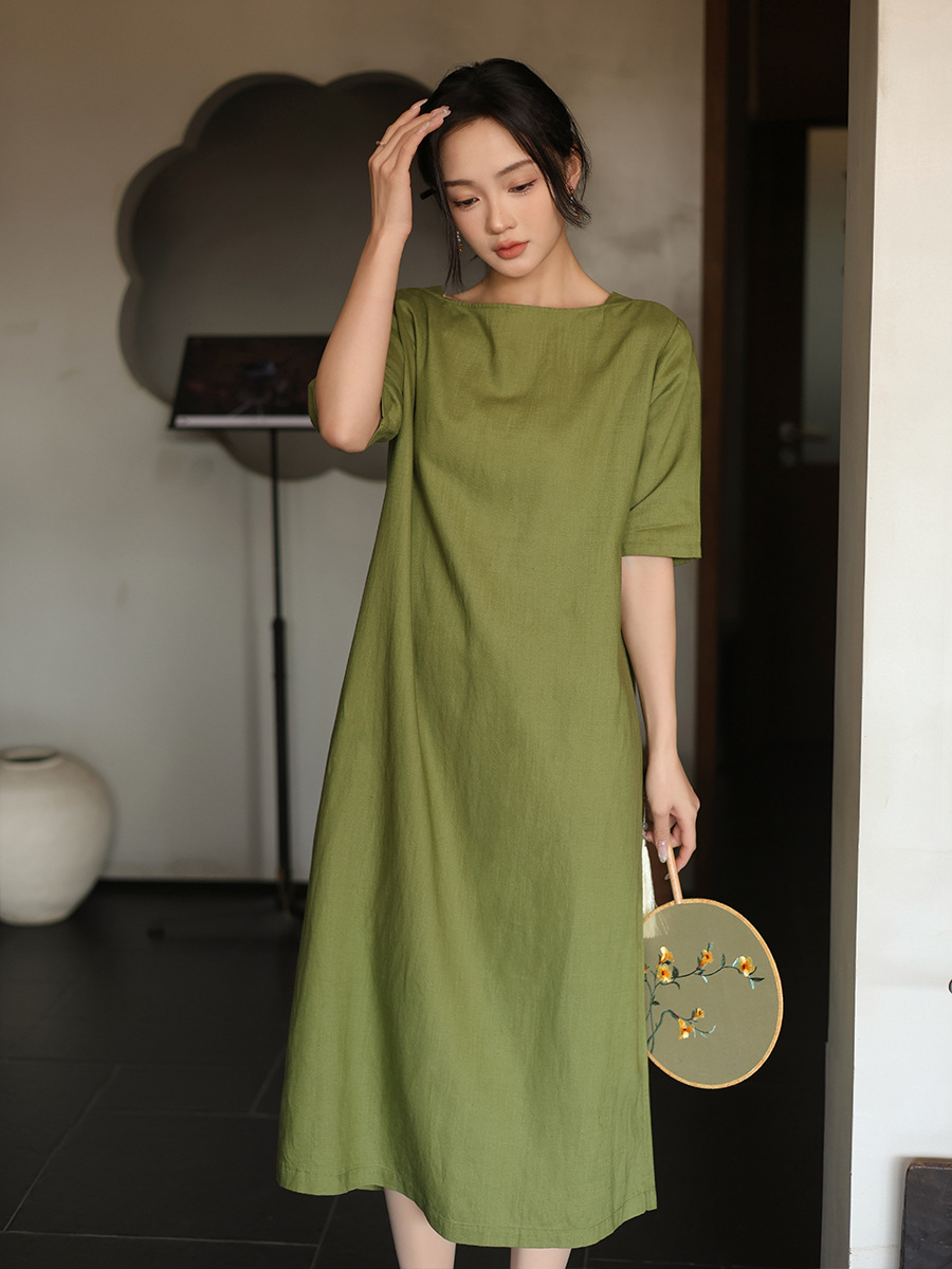 Deer & an Di's New Summer Linen Short-Sleeve Dress with a High-End Feel, Waist-Cinching Design, Slimming Effect, and Japanese-Style A-Line Long Dress