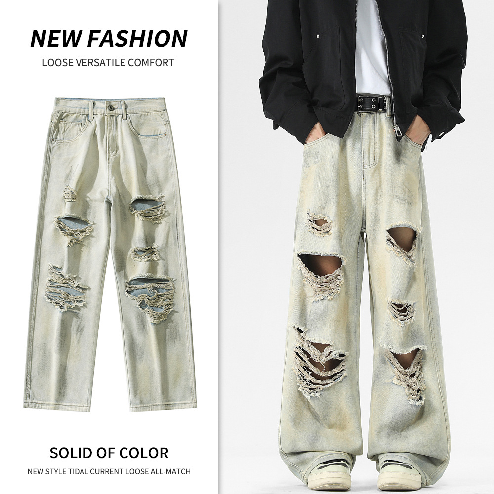 American-Style Spring and Summer New Model Ripped Jeans for Men, Trendy Street-Style Cool Yellow Mud Color Loose Straight Pants