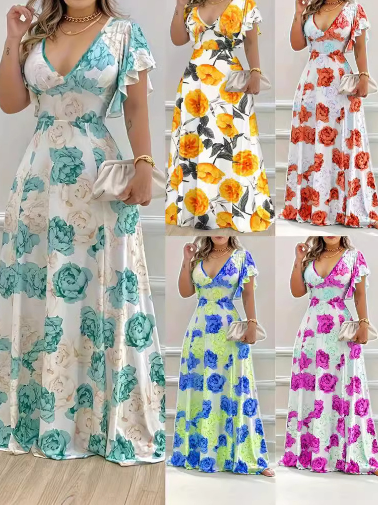 Summer Amazon New Printed Dress European and American V-neck Short-sleeved Dress Printed Large Hems and Waist Long Dress
