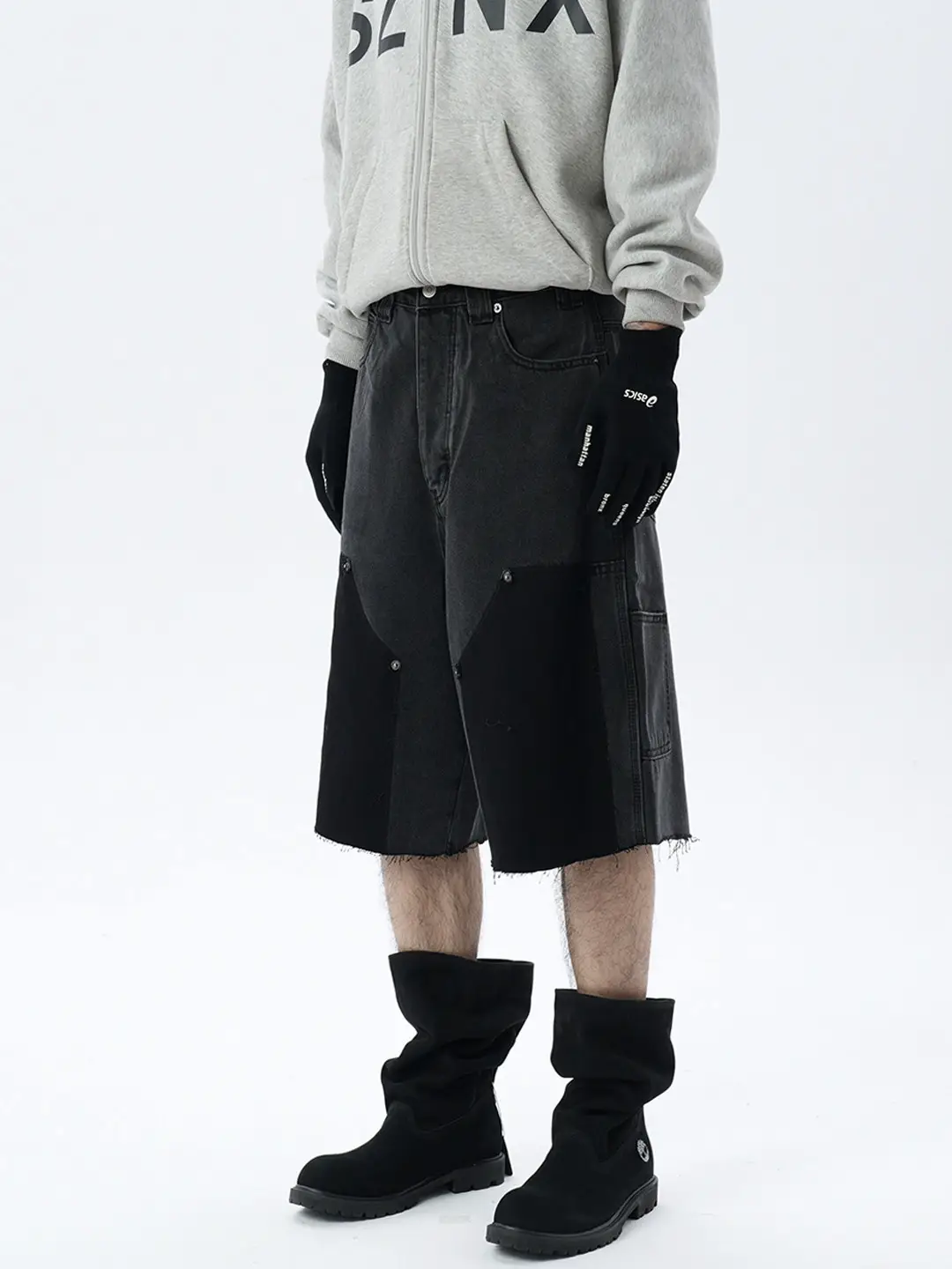 Cwhat American Retro High Street Washed Distressed Frayed Vibe Casual Loose Double-Knee Lumberjack Denim Shorts