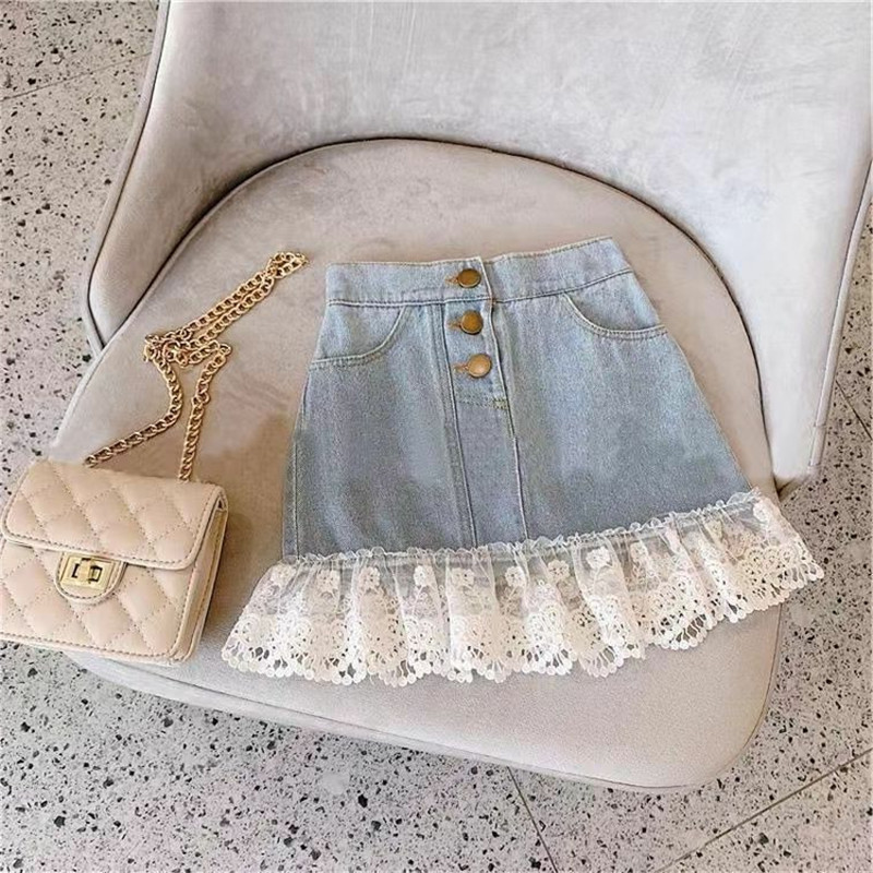 Girls' Summer Skirt Skirt Baby Stylish Children's Personality Fashionable Brand Korean Lace Step Denim Skirt