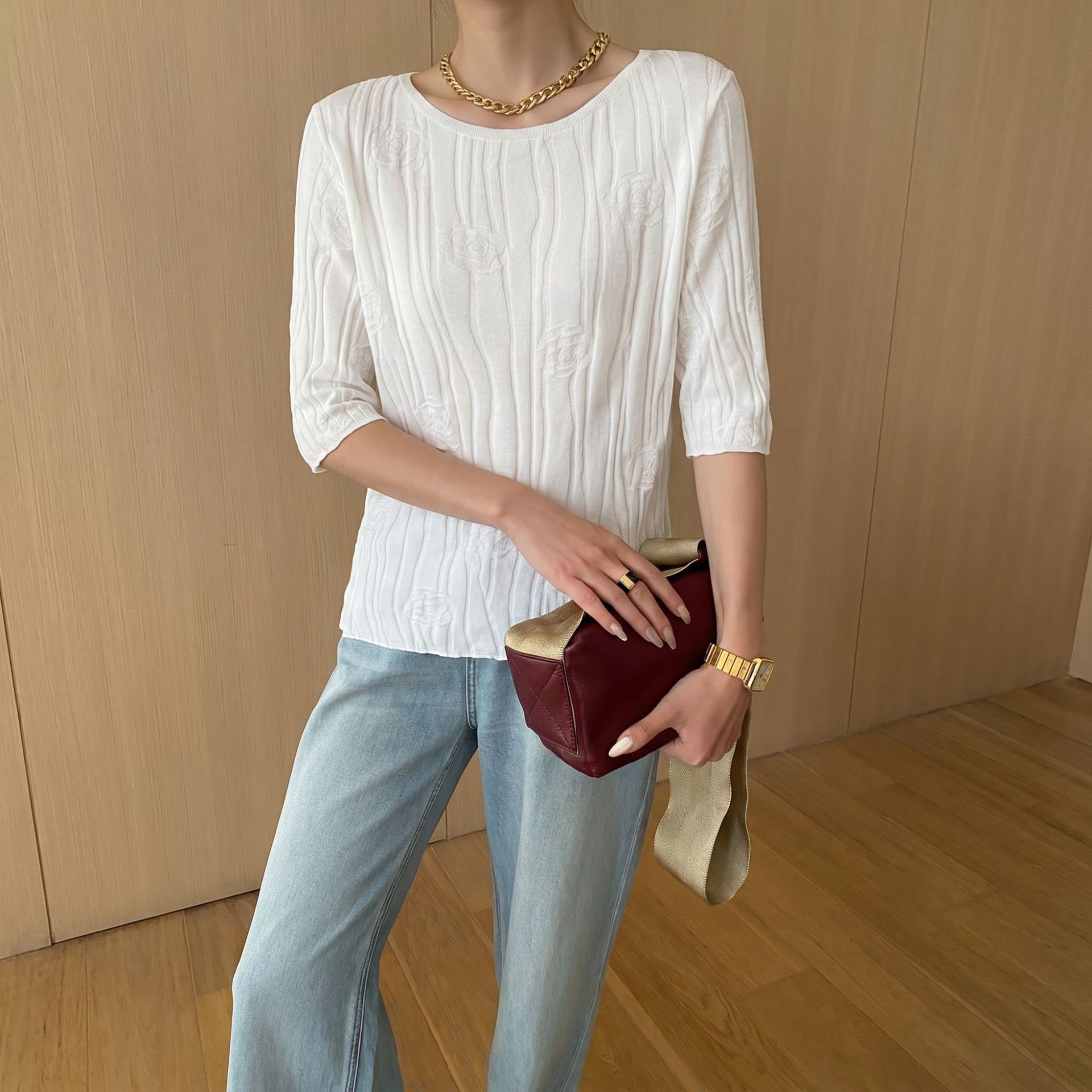 Summer New Style Tencel Acetate Cotton Camellia Round Neck Knitted Short-Sleeved T-Shirt with Three-Dimensional Embossed Slim Fit Top