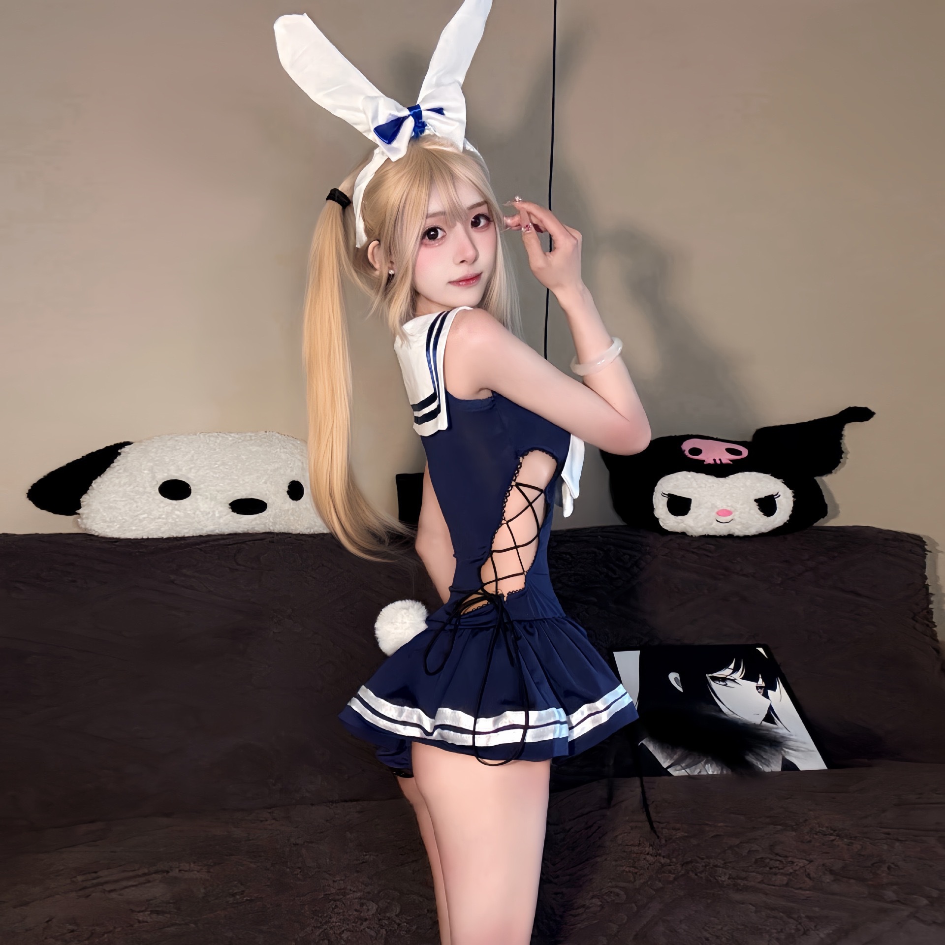 Su's New Sexy Lingerie Pure Desire Campus Bunny Girl Uniform No Need to Take Off Swimsuit Women's Strappy Jumpsuit Dress
