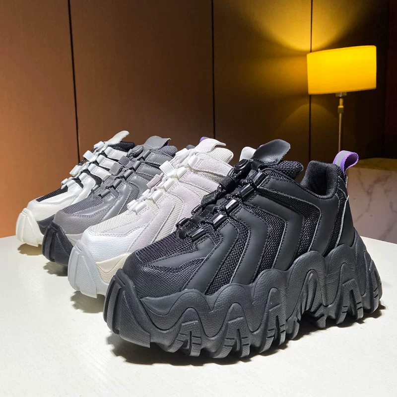 European station 2025 new genuine leather color matching thick bottom platform wave sawtooth shoes heightening slimming dad shoes women's trendy shoes