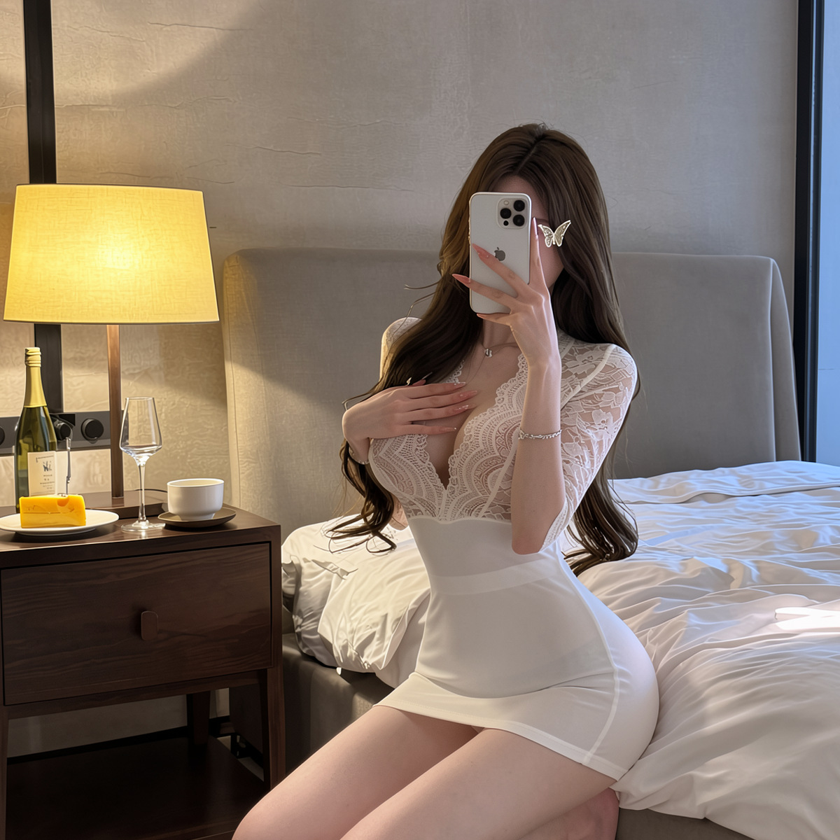 Sexy Lingerie, Tight-Fitting Hip-Hugging Skirt, Sexy Secretary Uniform, Seductive Deep V Lace See-Through Pure Desire Outfit