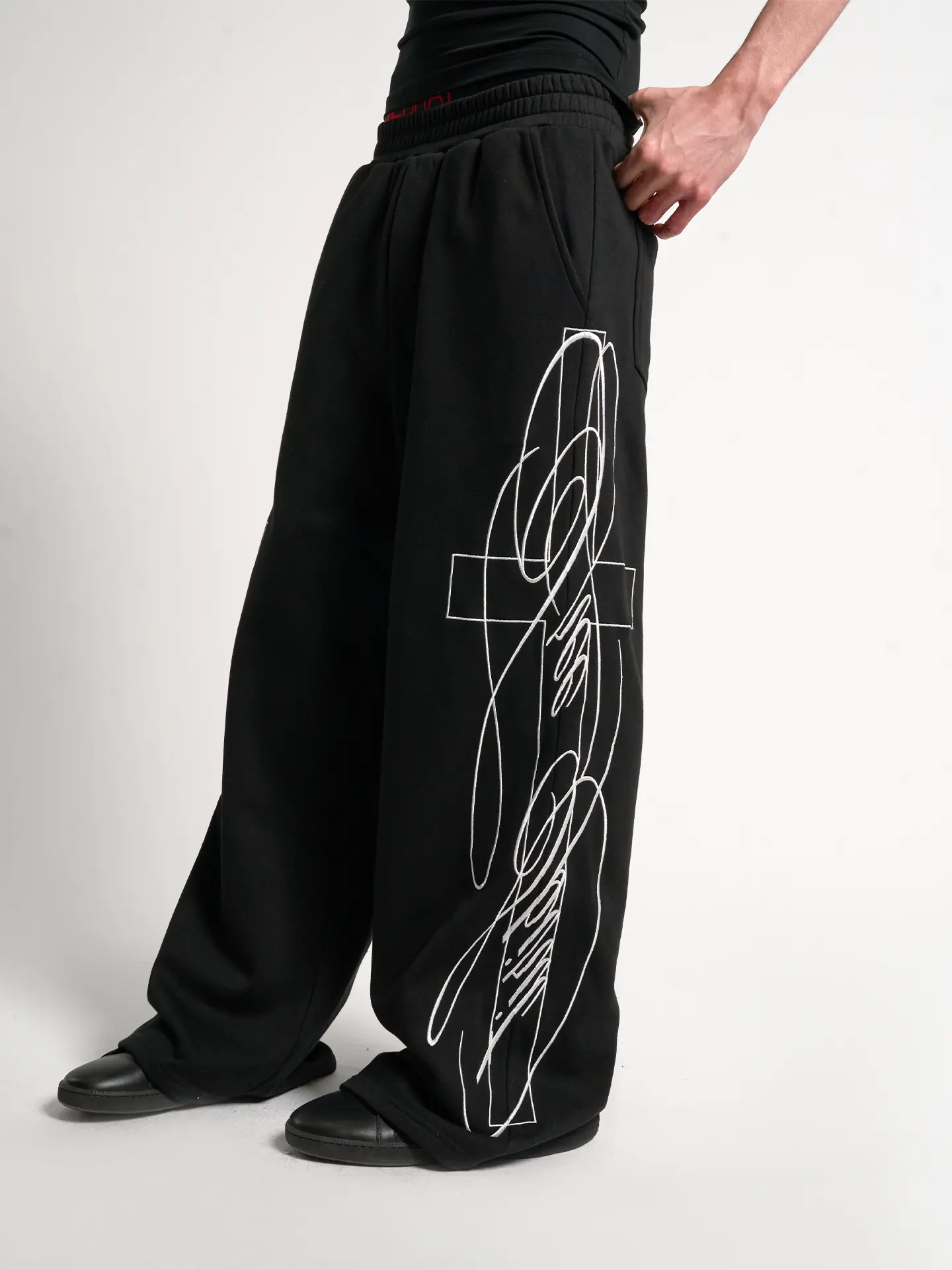 No E Mosen (Noe) Cross-Stitch High-Density Three-Dimensional Embroidery Baggy Fit Casual Basic Sweatpants