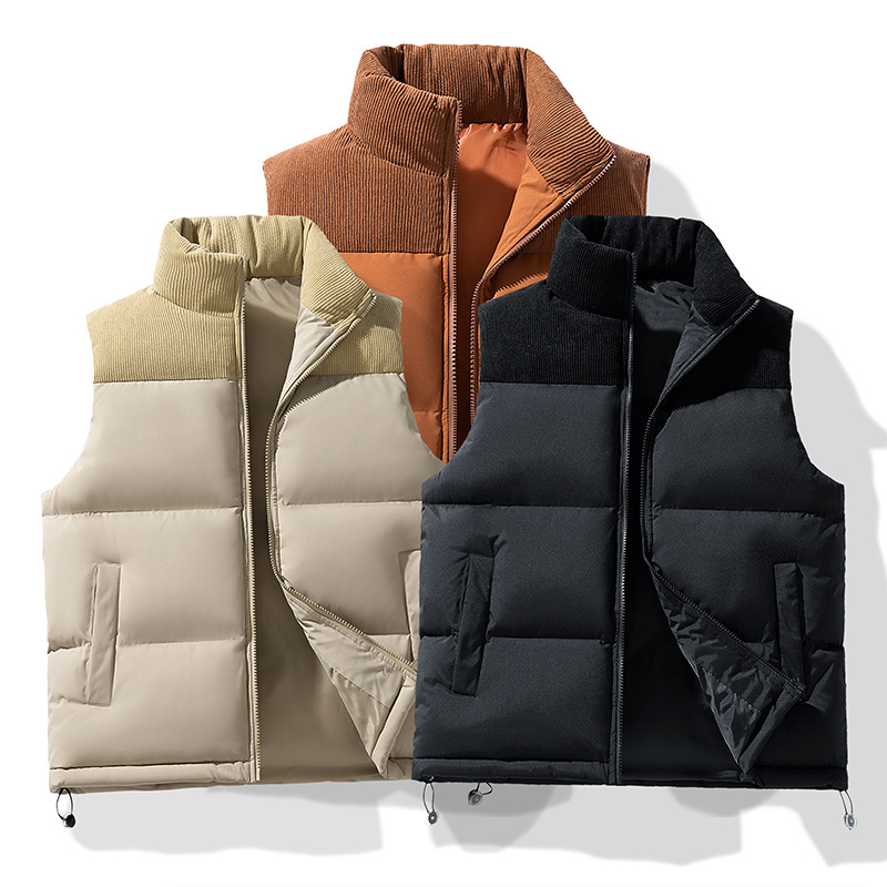 Down cotton-padded jacket waistcoat men's autumn and winter trendy corduroy color matching waistcoat thickened warm casual sleeveless jacket men's