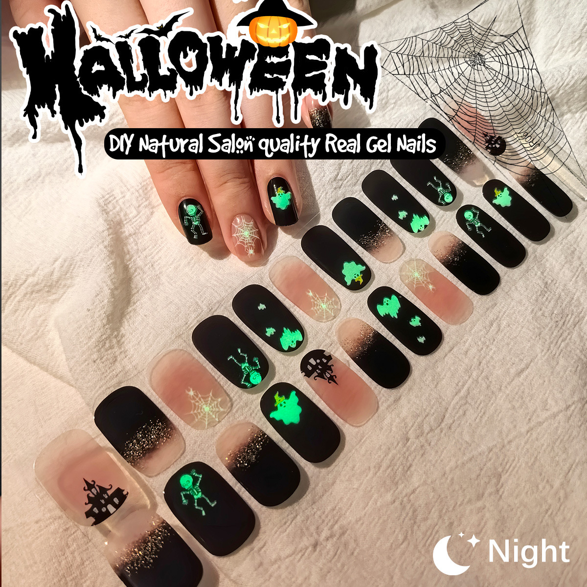Cross-Border New Dark Halloween Bat Ins-Style Uv Nail Stickers 24-Piece Ghost Semi-Cured Gel Nail Art Stickers