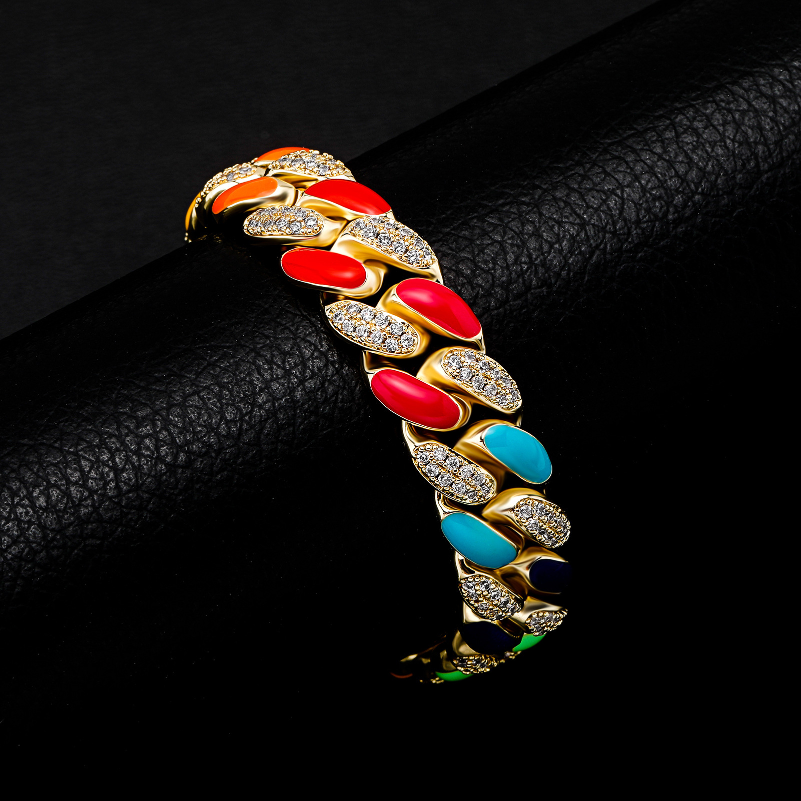 Hip Hop Hot Colorful Cool Oil Drop Full Zircon Spring Buckle Solid Cuban Bracelet INS Fashionable Men's Jewelry