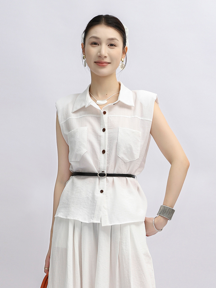 Sleeveless Shirt Vest with Belt for Women, Summer Linen Top with Shoulder Pads, Faux Linen Polyester French-Style Blouse
