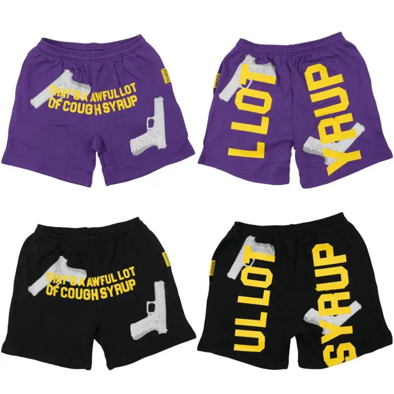THAT'S A AWFUL LOT OF COUPH SYRUP High Street Trendy Cartoon Pistol Printed Shorts for Men Summer