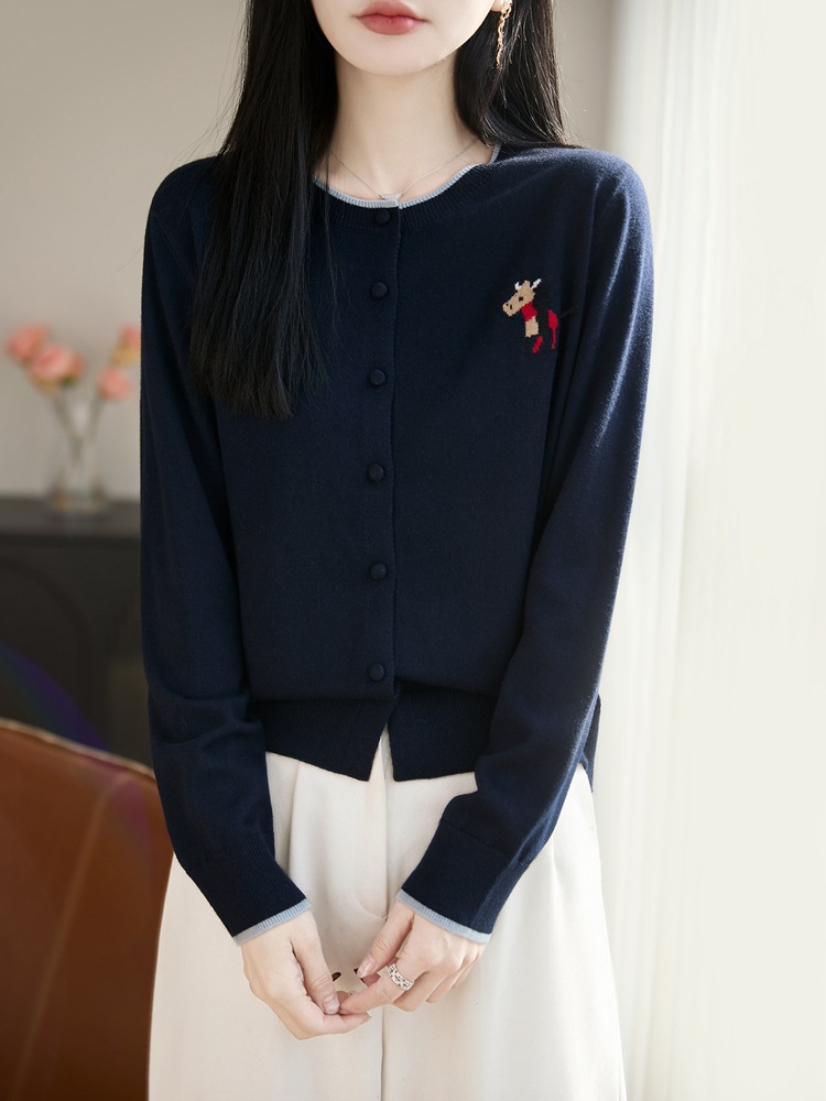 2026 Spring and Autumn New Fine Wool Round Neck Knitted Cardigan Long Sleeve Women's Embroidered Pony Color-Block Loose Top