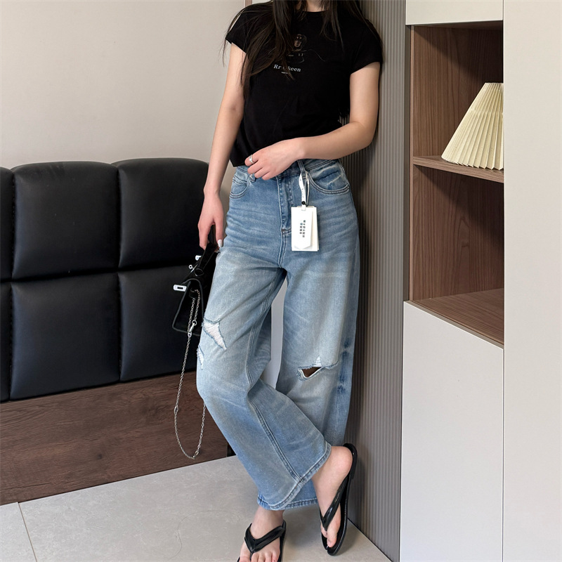 Hand-Ripped Summer Style Tencel Lyocell Ripped Comfortable Cotton Jeans for Women, High-Waisted, Slimming, Straight-Leg, Cropped Pants