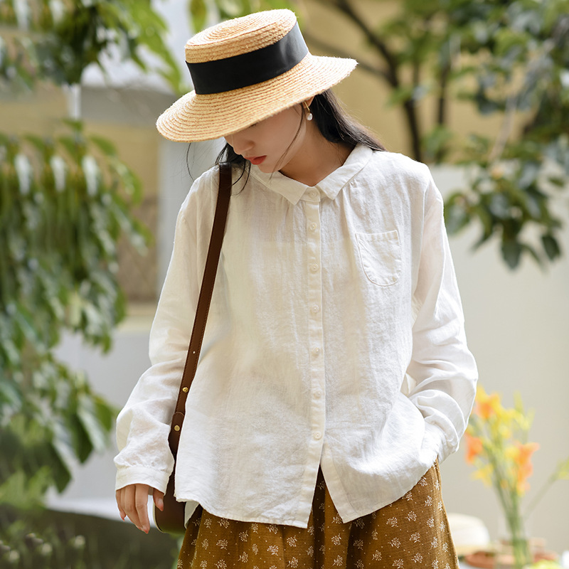 Cotton and Linen Women's 2024 Early Autumn New Long-sleeved Linen Shirt Women's Loose Retro Shirt Elegant All-match Top