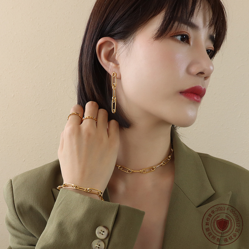 New French style paper clip pin chain neck chain necklace titanium steel 18K gold bracelet earrings cross-border wholesale women