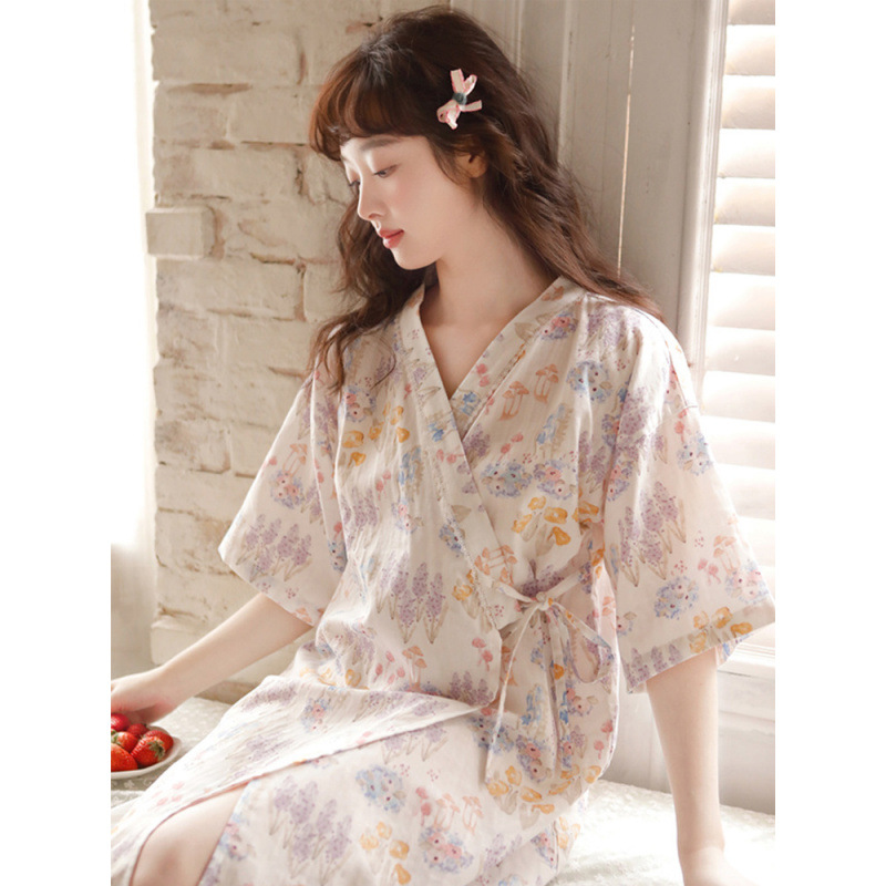 Ins Japanese Style Nightgown Women's Summer Thin Cotton Kimono Pajamas Women's Sweet Nightgown Short-sleeved Cardigan Home Clothes