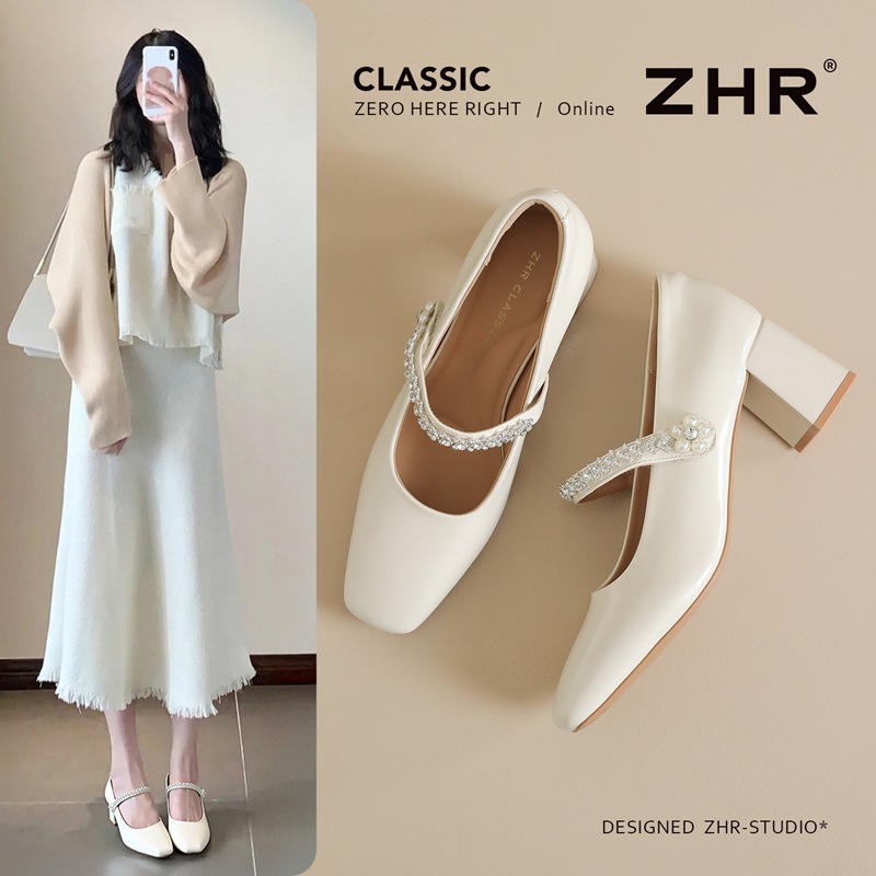 Zhr Retro Square-Toe Shallow-Mouth Single Shoes for Women 2026 Spring and Autumn New Style Mary Jane Women's Shoes Versatile Work Clothing Thick-Heeled Shoes