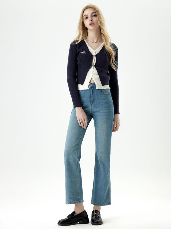 2025 spring new old money style flared pants women's high waist slimming temperament all-match mopping micro-Denim trousers