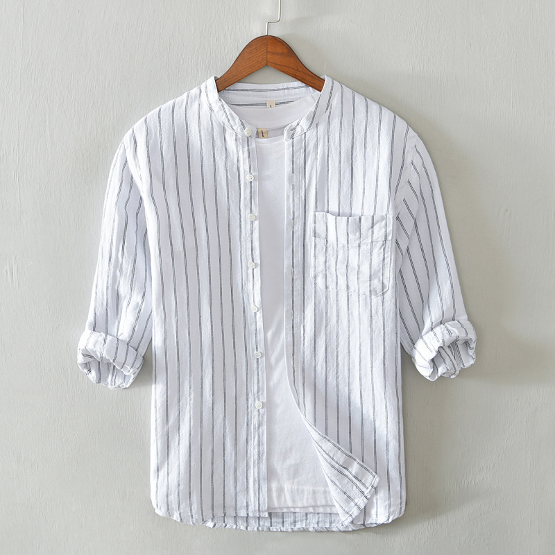 745 Japanese style fresh artistic shirt coat men's casual striped cropped long sleeve shirt men's one-piece delivery