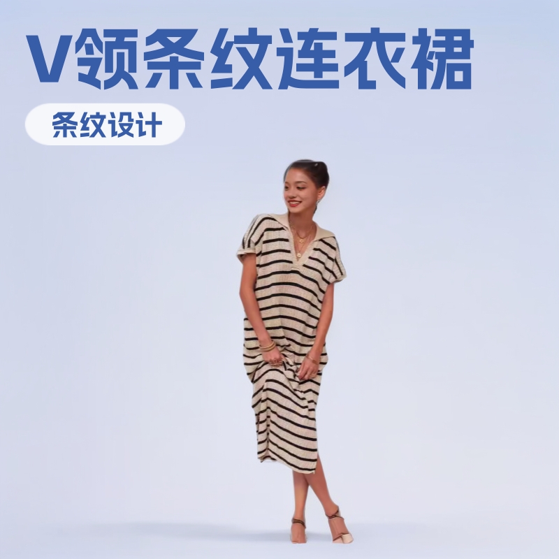 European and American Export 2024 Summer Women's V Neck Stripesd Slit Short-Sleeved Loose Sweater Dress Women's Lazy Clothing