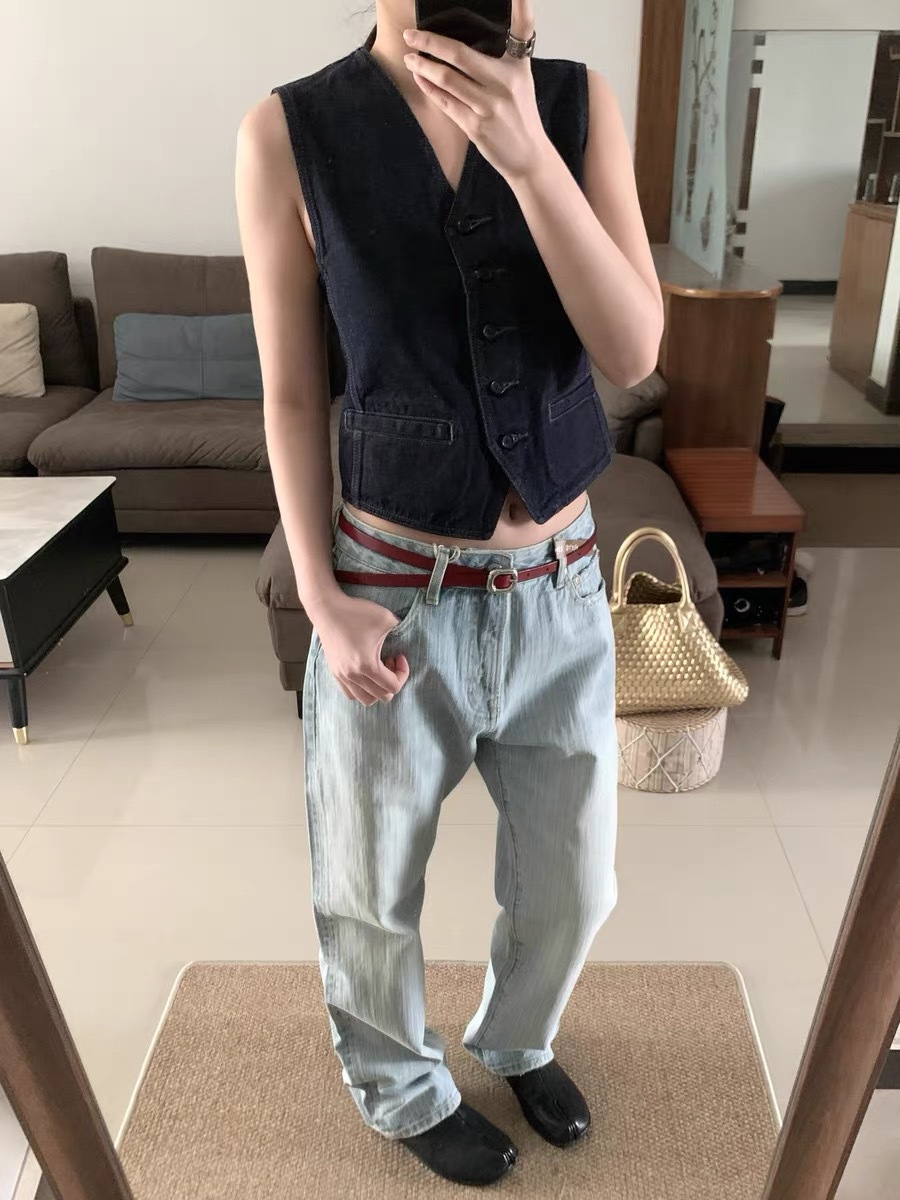 New tall and slim Joker 1025L light blue retro texture wash water low waist straight jeans women 5001