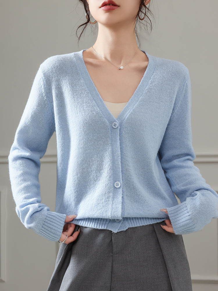2026 Spring and Autumn New Style Mohair Wool Blend V-Neck Knitted Cardigan Long Sleeve Solid Color Loose Top Jacket