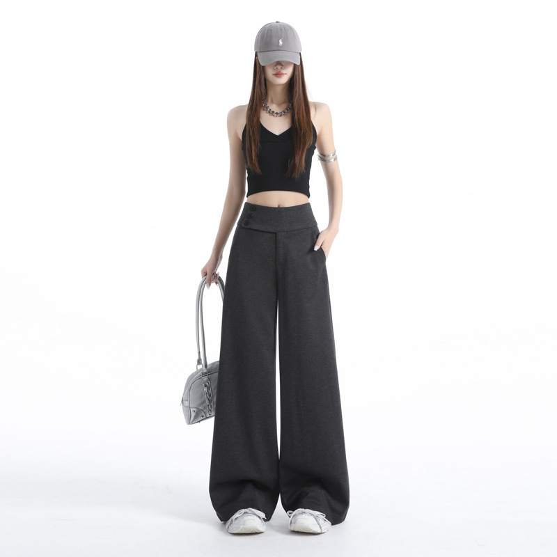 Old Money Style Retro Drapey Gray Casual Pants for Women, New Spring Fashion Versatile Comfortable Loose Wide-Leg Pants for Women