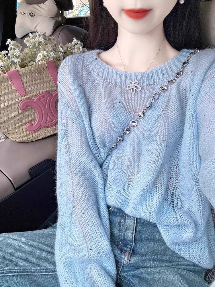 Mela Blue Hollow-Out Long-Sleeve Mohair Sweater Knitwear for Women 2026 New Early Spring Minimalist High-End Style Top