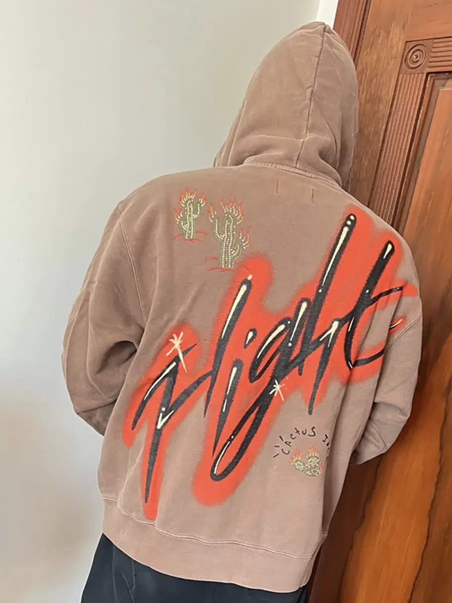 Cross-border trendy Travis Scott co-branded pattern printed hooded drawstring pullover fleece-lined sweater