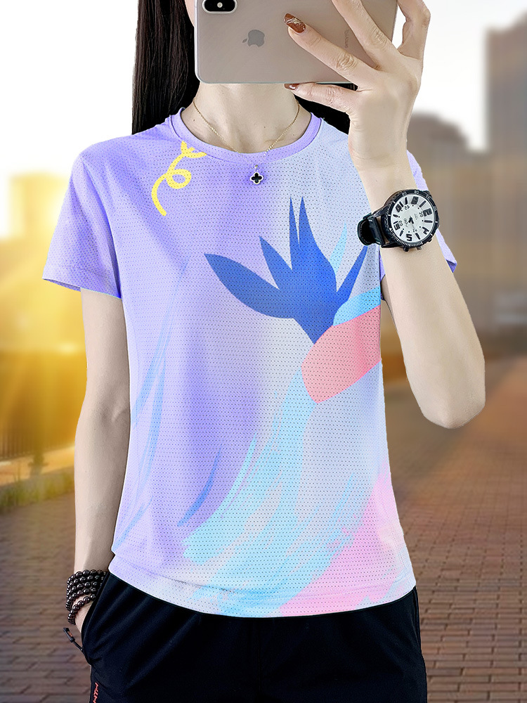 Ice Silk Quick-Drying Short-Sleeved T-Shirt for Women 2026 Summer New Thin Style Breathable Casual Running Sports Gradient Color Top t