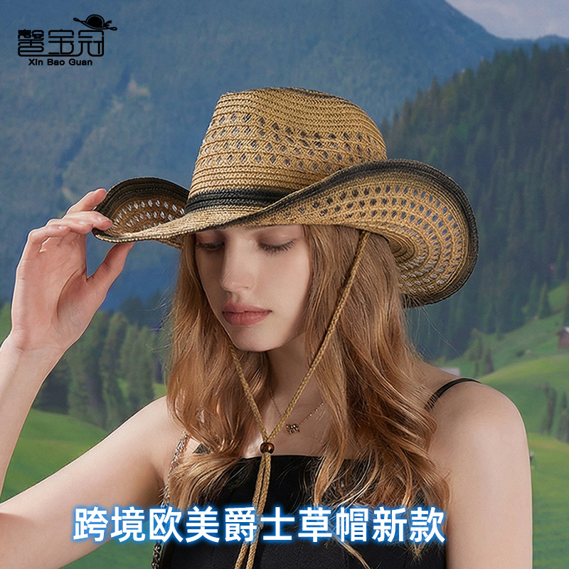 European and American Cross-Border Jazz Hats, Western Cowboy Hats, Summer Straw Sun Protection Hats, Women's Retro Ethnic Style Hats