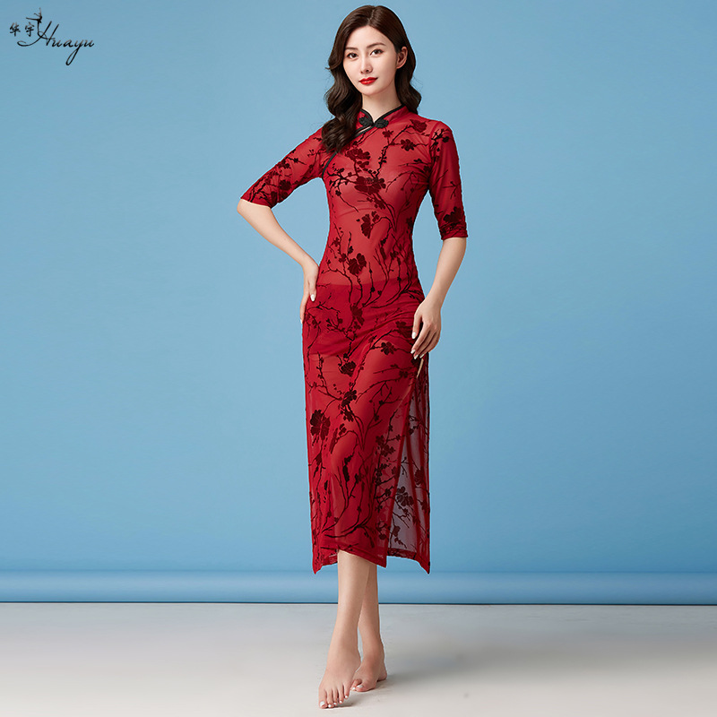 Huayu dance modern dance cheongsam gauze dress Chinese style slim vintage mesh printing belly dancer