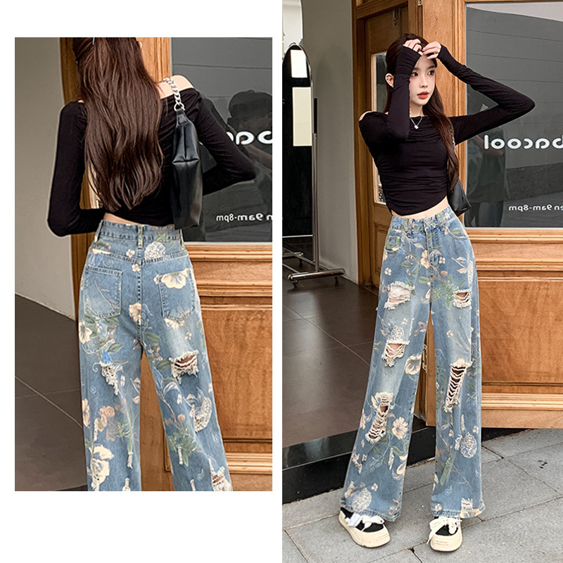New Chinese Style National Style Printed Ripped Jeans Women's Summer Thin High Waist Loose Wide Leg Casual Trendy Floor-mopping Pants
