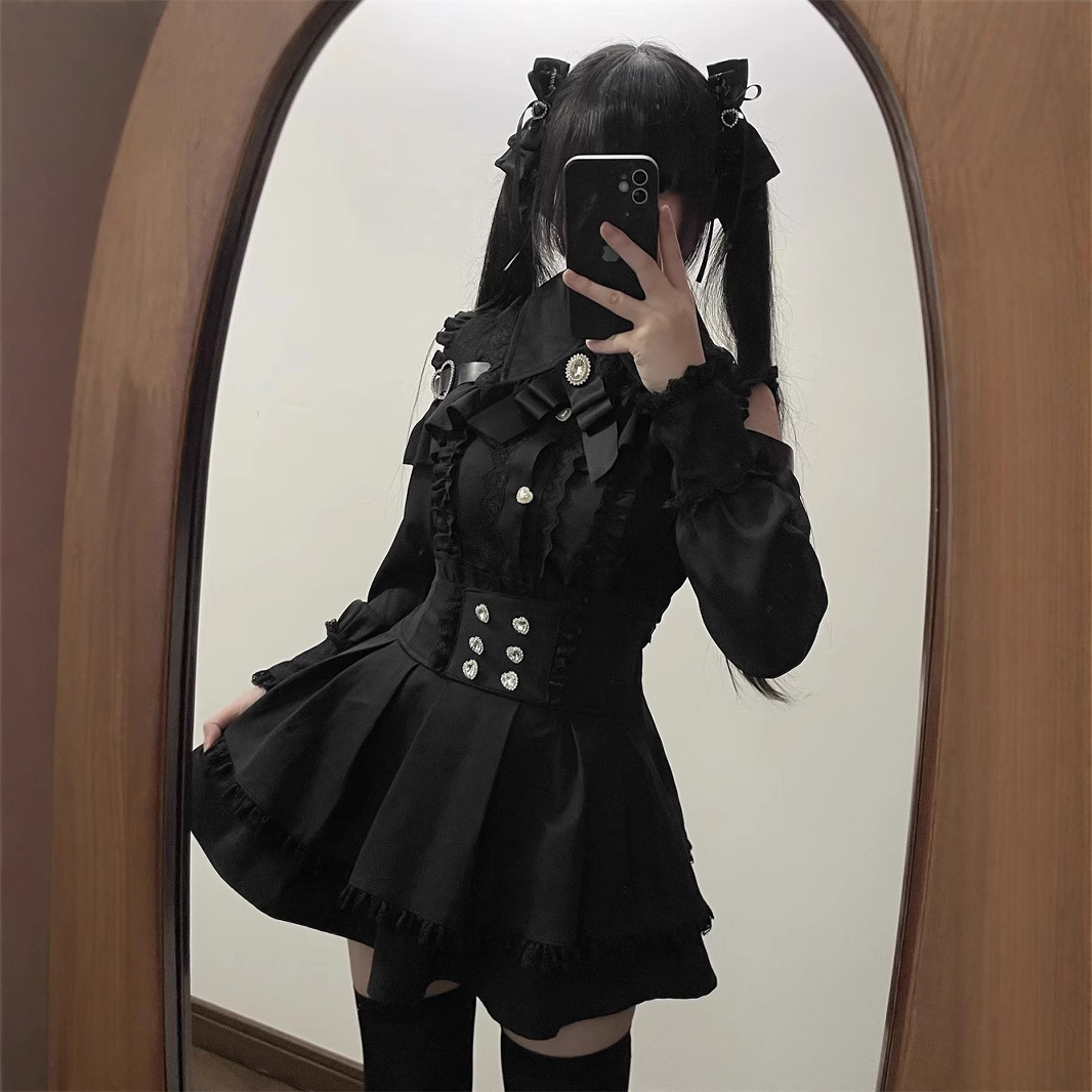 Sweetheart Encounter College Japanese Style Style Suit Heavy Industry Lace Off-Shoulder Shirt Top Slim High Waist Skirt Two-Piece Set