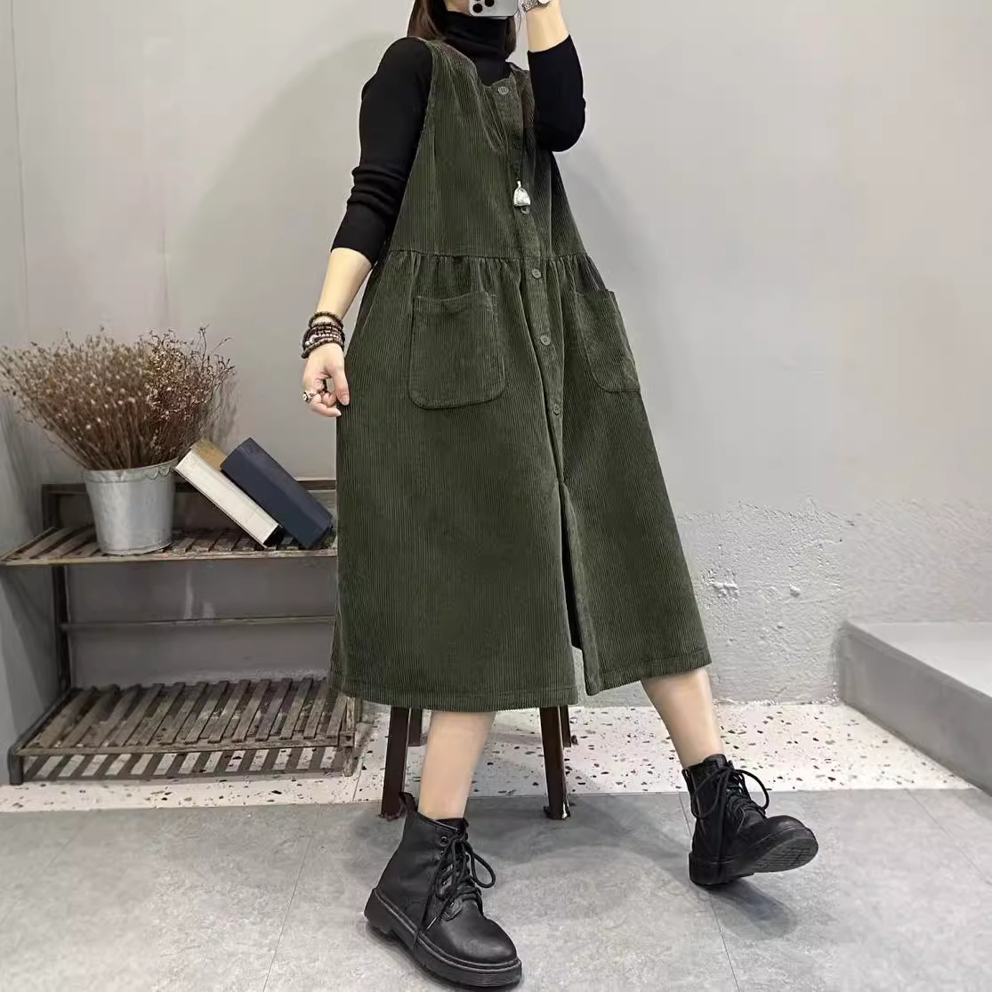 Autumn and Winter New High Waist Solid Color Casual Corduroy Vest Dress Retro Pocket Cardigan dress Stylike Long Dress for Women