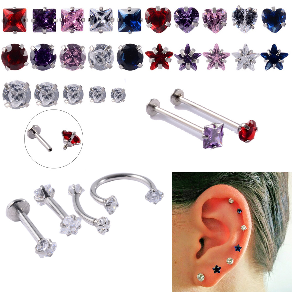 Cross-Border Stainless Steel Zircon Lip Nail Head Multi-Color Heart-Shaped Five-Star Earrings Eyebrow Nail 1.0 Threaded Ear Bone Nail Accessories