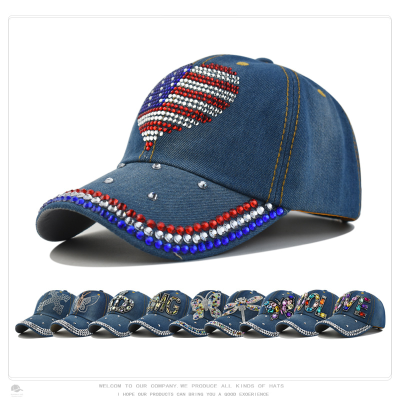 Cross-Border Diamond-Encrusted Denim Baseball Cap for Women, Fashionable and Versatile Diamond-Encrusted Peaked Cap, Spring and Summer Outdoor Sun Protection Hat