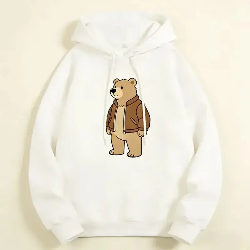 Women's Bear Oversized Fleece Hoodie 白色卫衣咖色熊 P