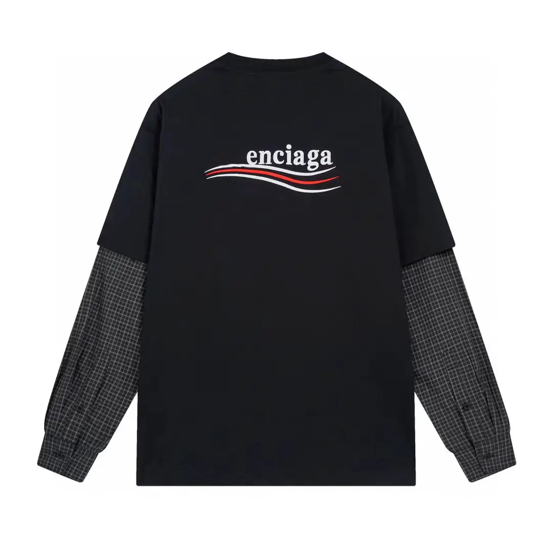 Paris High Version 24S Trendy Brand B's New Coke Wave Logo Embroidered Fake Two-Piece Spliced Shirt Sleeves Long Sleeves