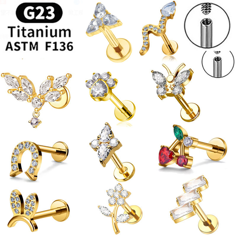 Cross-Border F136 Lip Nail Earrings Super Flash Cherry G23 Titanium Alloy Ear Bone Nail Ear Piercing Real Gold Plated Piercing Jewelry
