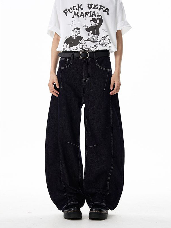 Mingge | American Retro Trendy Brand Spliced ​​Original Cow Scimitar Jeans Men's Loose Wide-Leg Drape Straight Trousers