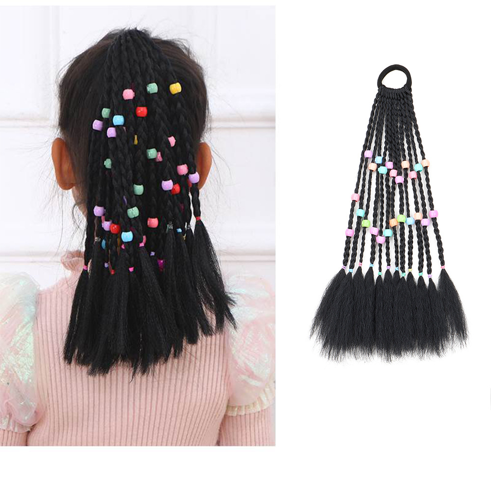 Girls' Wig Ponytail Sweet Cool Colorful Beads Beans Three-strand Braid High Ponytail Hair Accessories Cute Princess Style