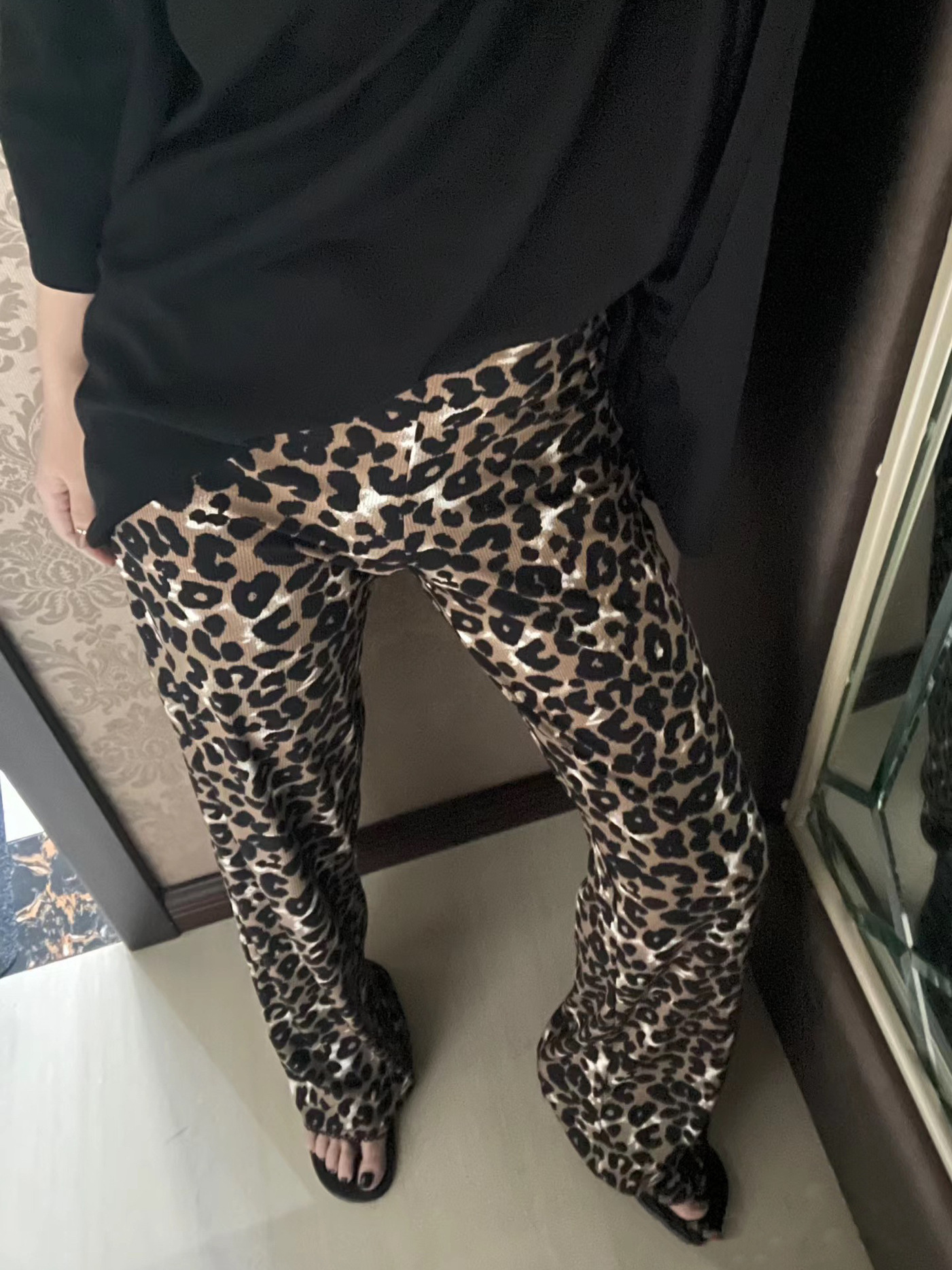 Walking Skin-friendly Fashionable Low Waist Thin Trousers Lace Draped Leopard Print Straight Casual Wide Leg Pants Women's 4407