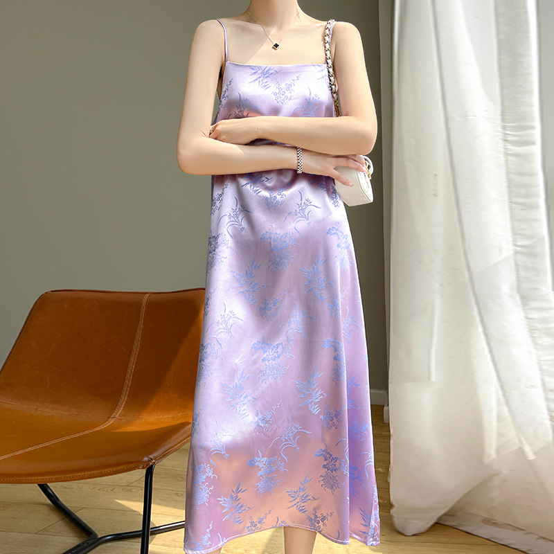 High JI Sense Niche Retro National Style Satin Elegant Sling dress Women's Sexy Over-the-Knee Jacquard A- Length Dress Summer
