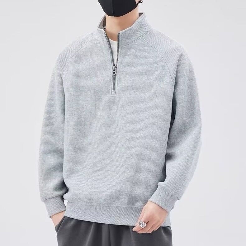 Solid Color Simple Winter New PoloT-Shirt Loose Inner Top Texture Thickened Half-Zip Collar Sweatshirt for Men