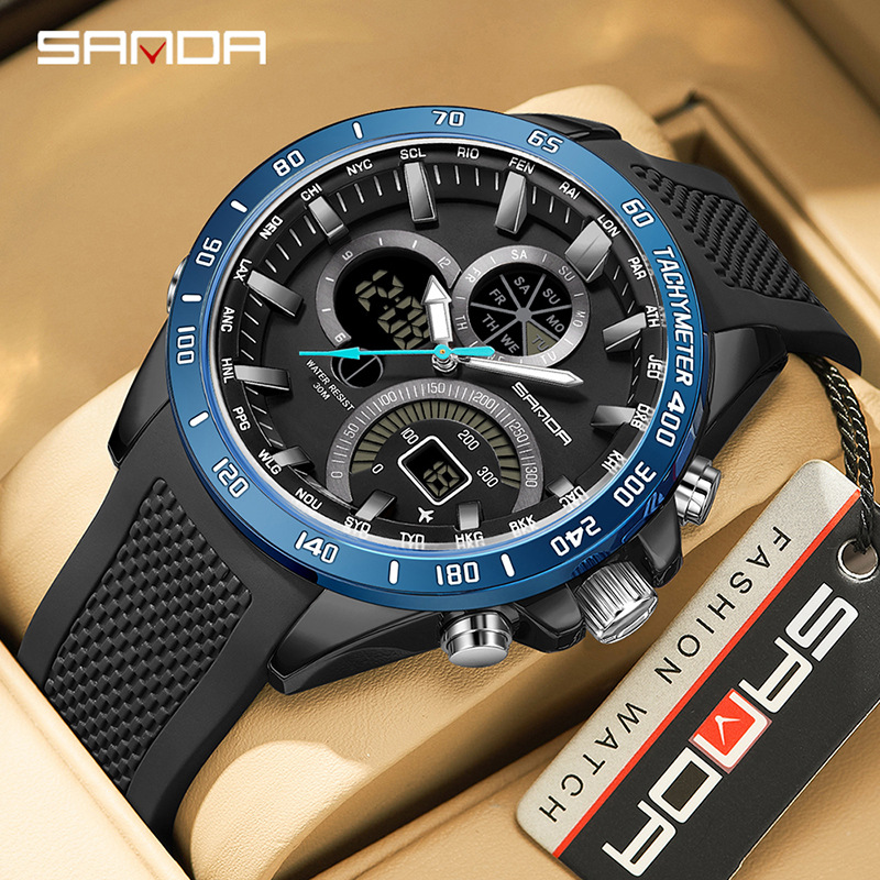 Amazon Cross-Border Best-Selling Men's Watch with Steel Band, Business Dual-Movement Electronic Watch, Luminous Waterproof Multi-Function Electronic Watch