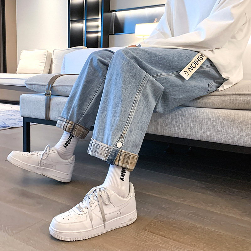 Summer New Jeans Men's Retro All-match Loose Straight Wide Leg Pants Hong Kong Style Trendy Brand Turndown Pants