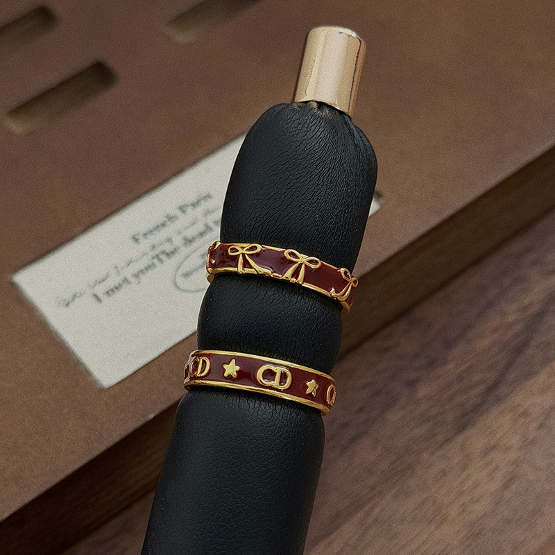Vintage Chinese Style Light Luxury Gold Burgundy Enamel Letter Bowknot Open Ring Stackable Simple Personality Ring for Women
